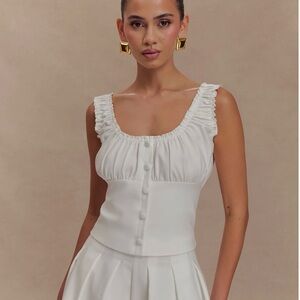 MESHKI Ines Sleeveless Ruched Elegant Cream Scoop Neck Button Front Top
